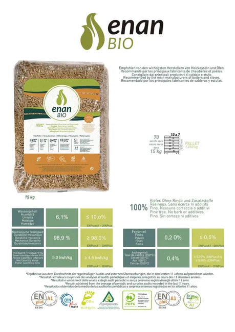 Pellet ENAN Bio ENplus A1, pallet da 70 sacchi da 15 kg